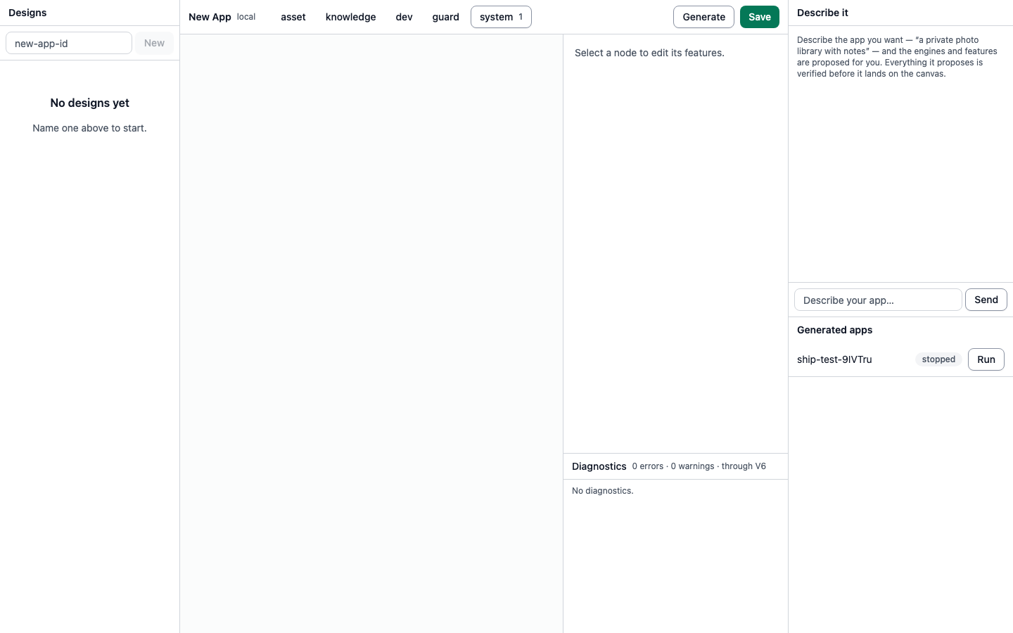 The Cursed Alchemy studio: a designs sidebar, an engine canvas with asset, knowledge, dev, guard and system engine tabs, a diagnostics panel reporting zero errors, and a "Describe it" panel where a described app is generated and listed with a Run button.